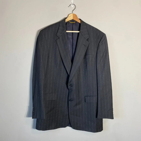 Hart Schaffner Marx Pinstripe Wool Sport Coat Dinner Jacket Blazer Men 44L Black - Picture 2 of 13